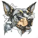 doberman head surrounded by clouds and a storm  tattoo design idea