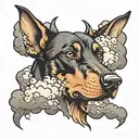 doberman head surrounded by clouds and a storm  tattoo design idea