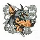 doberman head surrounded by clouds and a storm  tattoo design idea