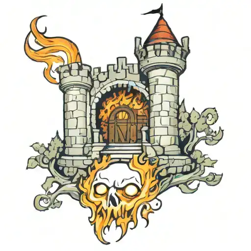 eyes like fire, funeral pyre, garden of eden, castle tower tattoo design idea