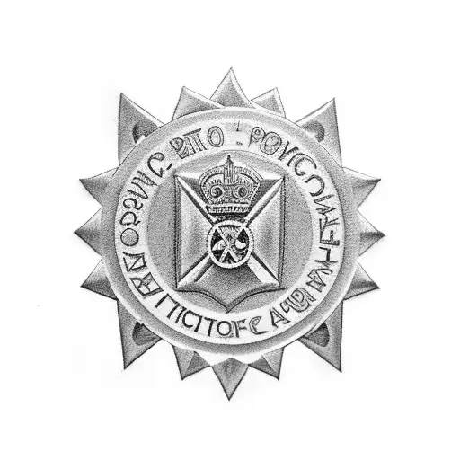 A black-grey tattoo depicting a police badge with crossed guns, symbolizing your occupation and passion for firearms tattoo design idea