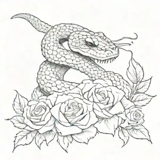 Rattlesnake with roses around it tattoo design idea