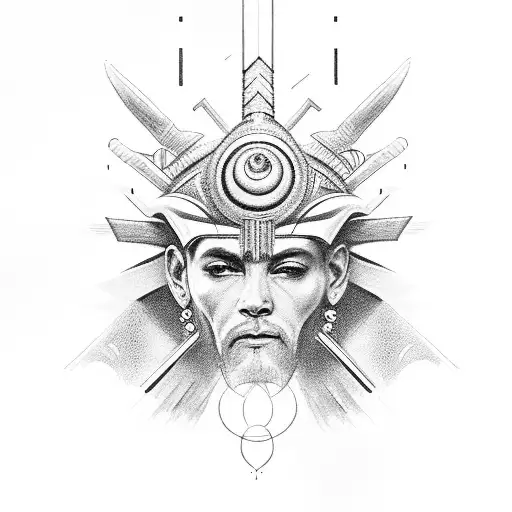 God Ra is looking ahead, a portrait up to the shoulders with only an outline without color, in the middle there is a sig tattoo design idea