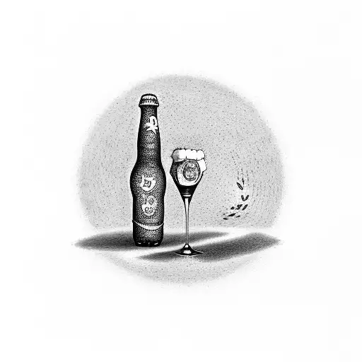 A dotwork tattoo of a beer bottle and a guitar merging together tattoo design idea