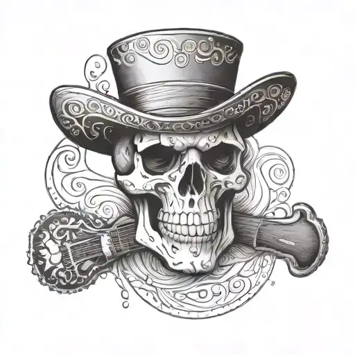 A skull wearing a sombrero and smoking a cigar, with guitar strings wrapped around it like a bandana tattoo design idea
