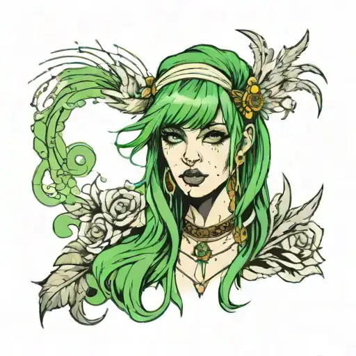 punk woman with bangs and green hair frontal view tattoo design idea
