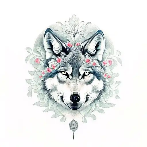 realism sleeve with a wolf face, tree of life, and geranium flowers tattoo design idea