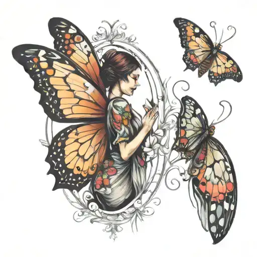 woman coming out of a butterfly cocoon and then turning into a butterfly tattoo design idea