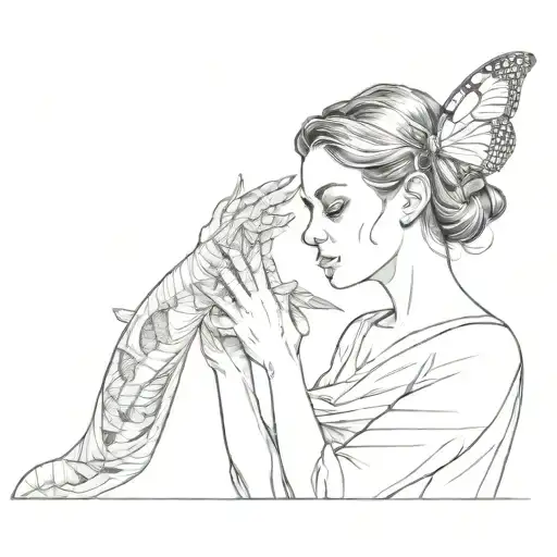 woman tearing a butterfly cocoon and turning into a woman with butterfly wing tattoo design idea