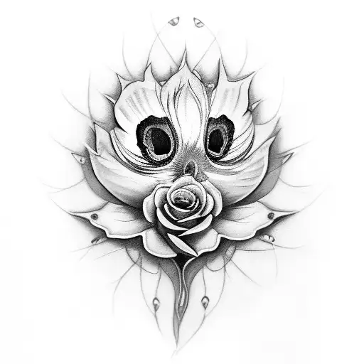 peacock deather and eyes and roses tattoo design idea