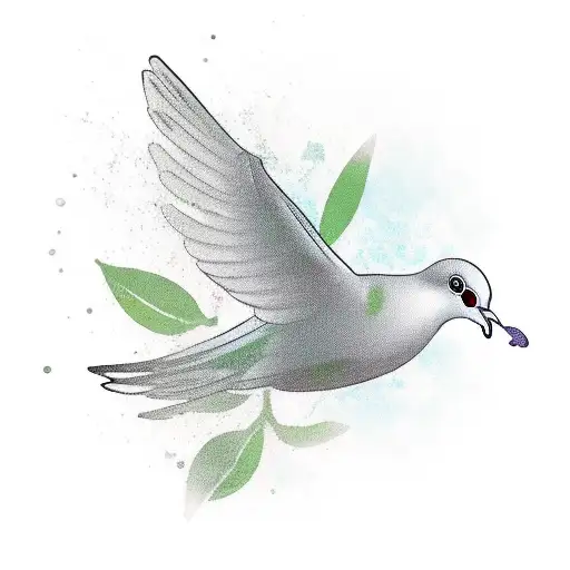a dove mid flight with an olive branch in its beak. tattoo design idea