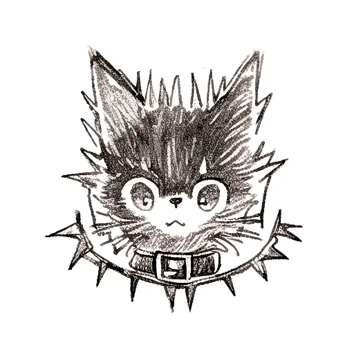 the head of a black cat wearing a spiked collar, make the pupils of the cats eyes in the shape of a half moon  tattoo design idea