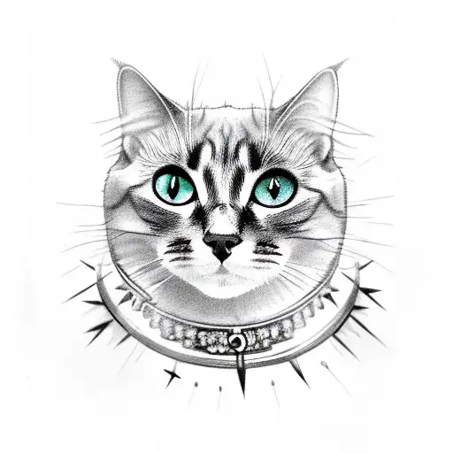 the head of a black cat wearing a spiked collar, make the pupils of the cats eyes in the shape of a half moon  tattoo design idea