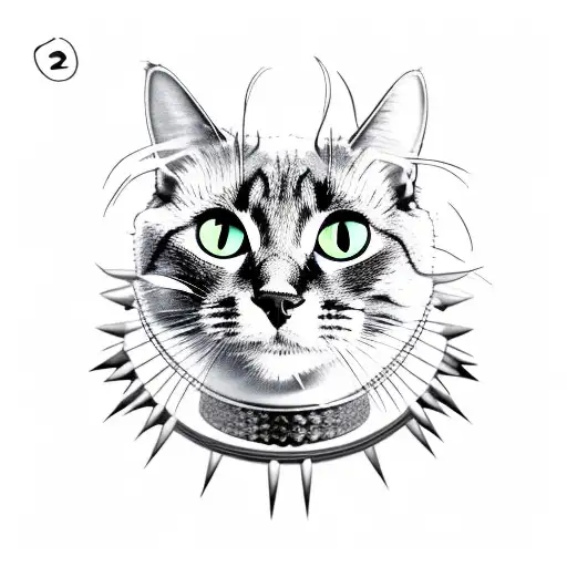 the head of a black cat wearing a spiked collar, make the pupils of the cats eyes in the shape of a half moon  tattoo design idea