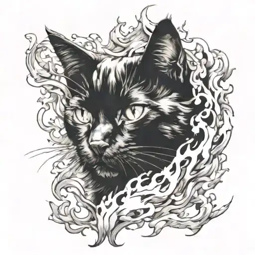 black cat head surrounded by flames tattoo design idea