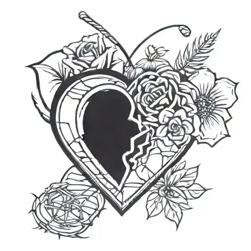 A broken heart with pieces missing, filled with images of hockey pucks and mom's favorite flowers, representing the client's past heartbreaks and love for their mom tattoo design idea