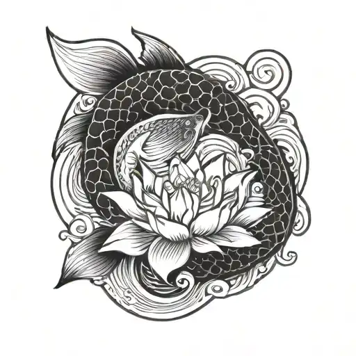 Yin Yang koi fish with waves in the background and a lotus flower below.  tattoo design idea