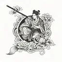 Samurai with yin Yang koi fish and lotus flower below tattoo design idea