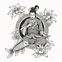 Samurai with yin Yang koi fish and lotus flower below tattoo design idea