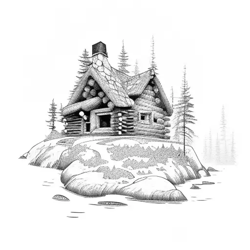 A rustic cabin nestled in the rocky hills of America tattoo design idea