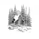 A rustic cabin nestled in the rocky hills of America tattoo design idea