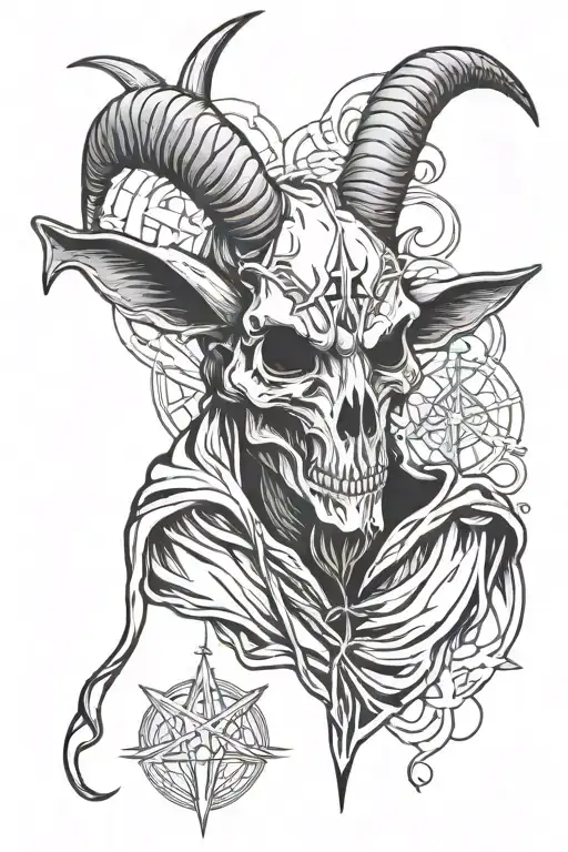 baphomet satanist goat skull head half body in cloak wrapped pentagram reverse cross edgy scary tattoo design idea