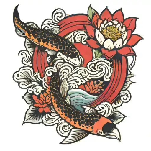 A traditional Japanese scene with koi fish swimming in a pond under a red lotus flower, with the sun and moon in the background tattoo design idea