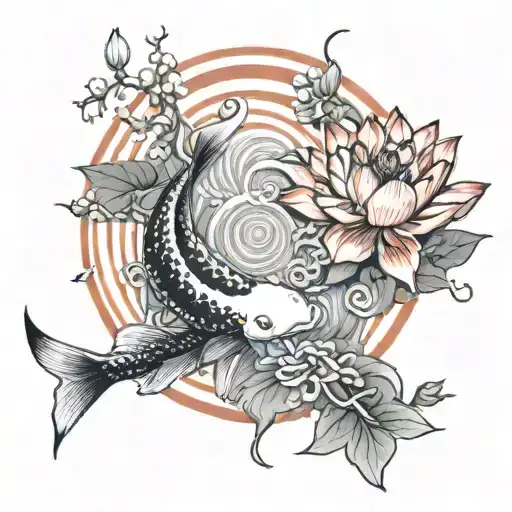 A traditional Japanese scene with koi fish swimming in a pond under a red lotus flower, with the sun and moon in the background tattoo design idea