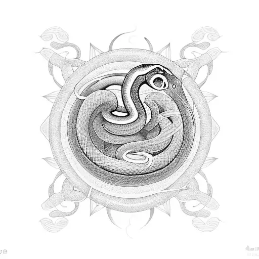 A mystical snake coiled around a lotus flower, with Asian food dishes floating in the background tattoo design idea