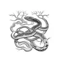 An intricate design of a snake shedding its skin, surrounded by elements of nature like trees and flowers tattoo design idea