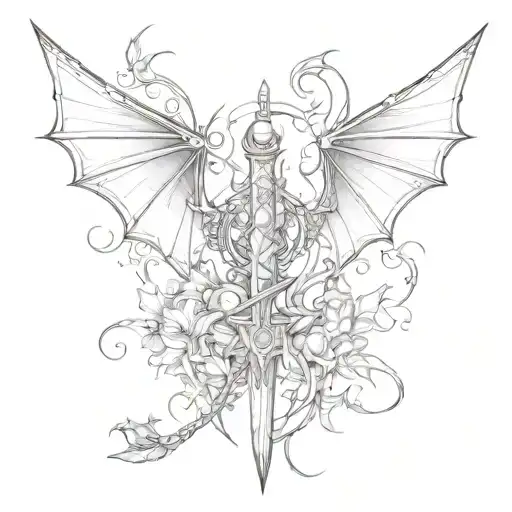Dragon and sword fine line tattoo with butterfly wings combined  tattoo design idea