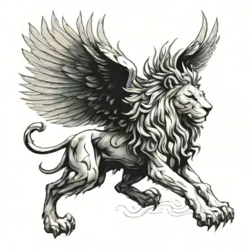 A majestic lion with angel wings, symbolizing a connection to God, in a sketch style tattoo design idea