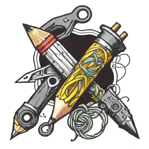 A colorful tattoo of a pencil surrounded by various craft supplies like scissors, glue, and yarn tattoo design idea