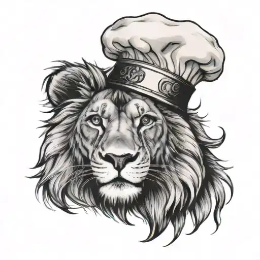 A majestic lion with a chef's hat, blending your love for animals and cooking in a unique way tattoo design idea