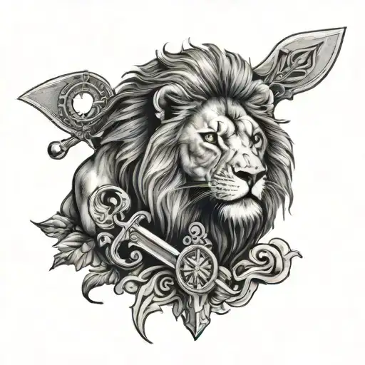 A majestic lion with a chef's knife blending with aships anchor and compass and cooking in a unique way tattoo design idea