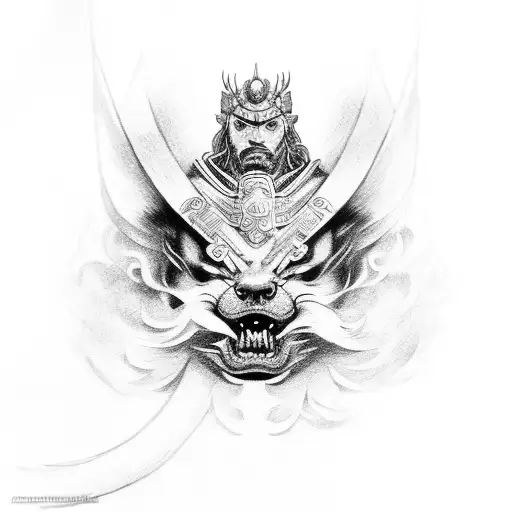 samurai holding Cerberus and phoenix in the background tattoo design idea