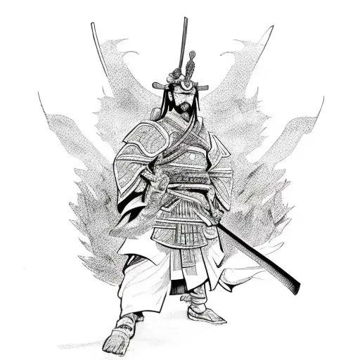 samurai holding Cerberus and phoenix in the background tattoo design idea