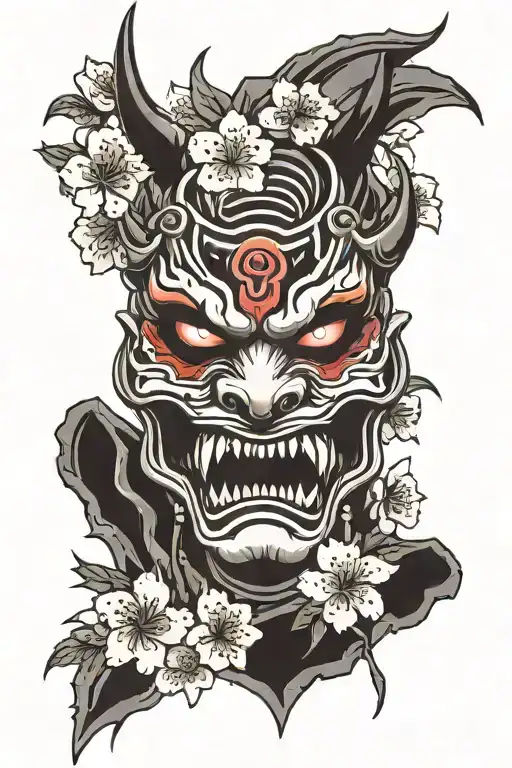 oni mask split vertical with cherry blossoms coming out of the split tattoo design idea