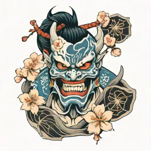 oni mask split in half vertically with cherry blossoms coming out of the split tattoo design idea