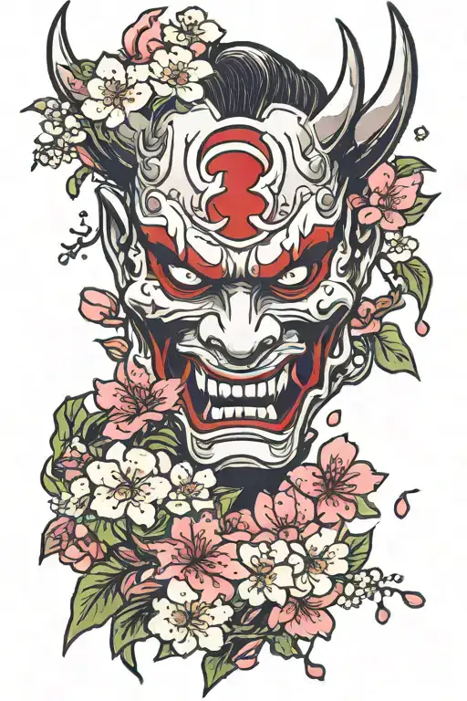 oni mask split in half vertically with cherry blossoms coming out of the split tattoo design idea