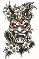 oni mask split vertical with cherry blossoms coming out of the split tattoo design idea