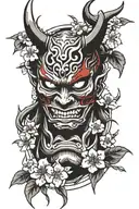 oni mask split vertical with cherry blossoms coming out of the split tattoo design idea