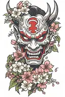 oni mask split in half vertically with cherry blossoms coming out of the split tattoo design idea