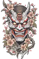 oni mask split in half vertically with cherry blossoms coming out of the split tattoo design idea
