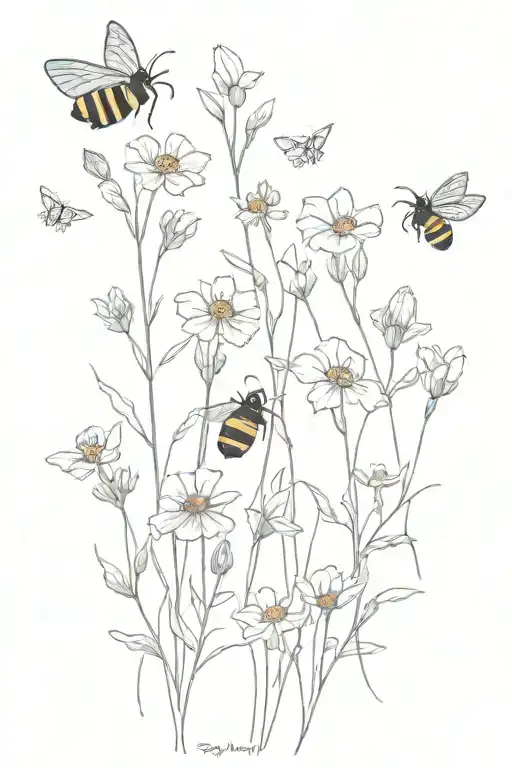 wildflowers with bees and butterflies fluttering tattoo design idea