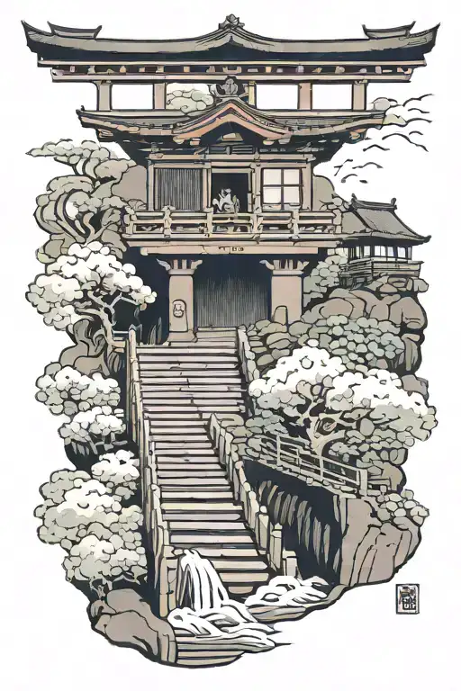 waters leading into stairs into Japanese Tori gate tattoo design idea