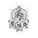 A unique design combining ocean waves and purple roses in a blackwork style tattoo design idea