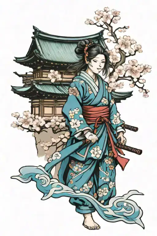 female samurai with blue accents inspired, cherry blossoms in the background and a pagoda tattoo design idea