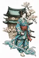 female samurai with blue accents inspired, cherry blossoms in the background and a pagoda tattoo design idea