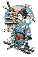 female samurai with blue accents inspired, cherry blossoms in the background and a pagoda tattoo design idea